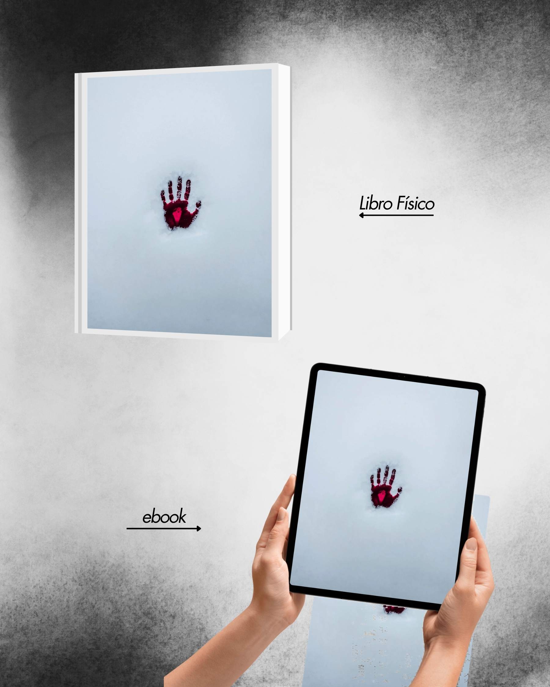 Single hand of dark blood on pristine white snow for psychological thriller cover. Noir ilustration. Noir novel.