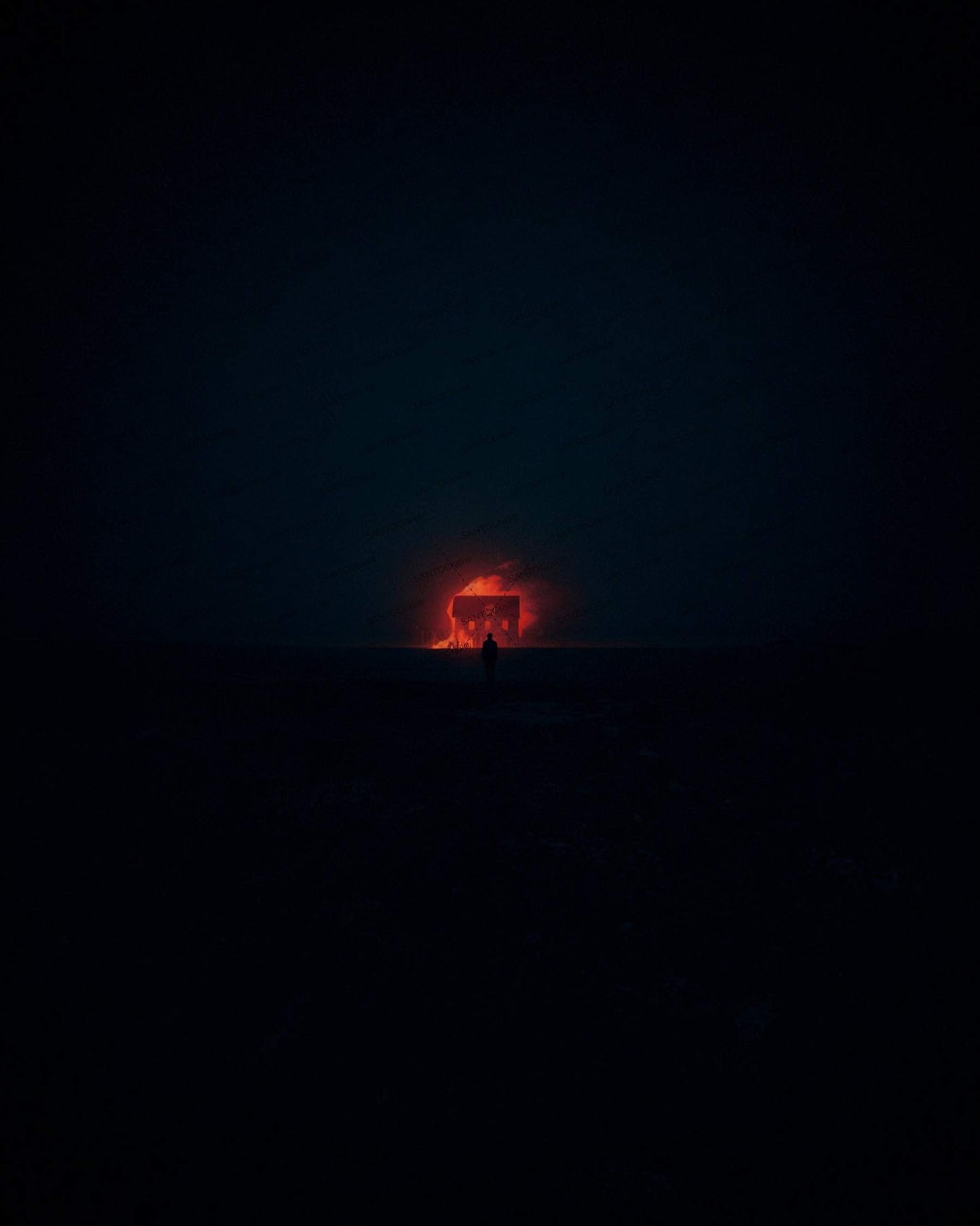 Tiny anonymous figure watching distant house fire at night for suspense book cover. Noir ilustration. Dark novel. Noir novel.