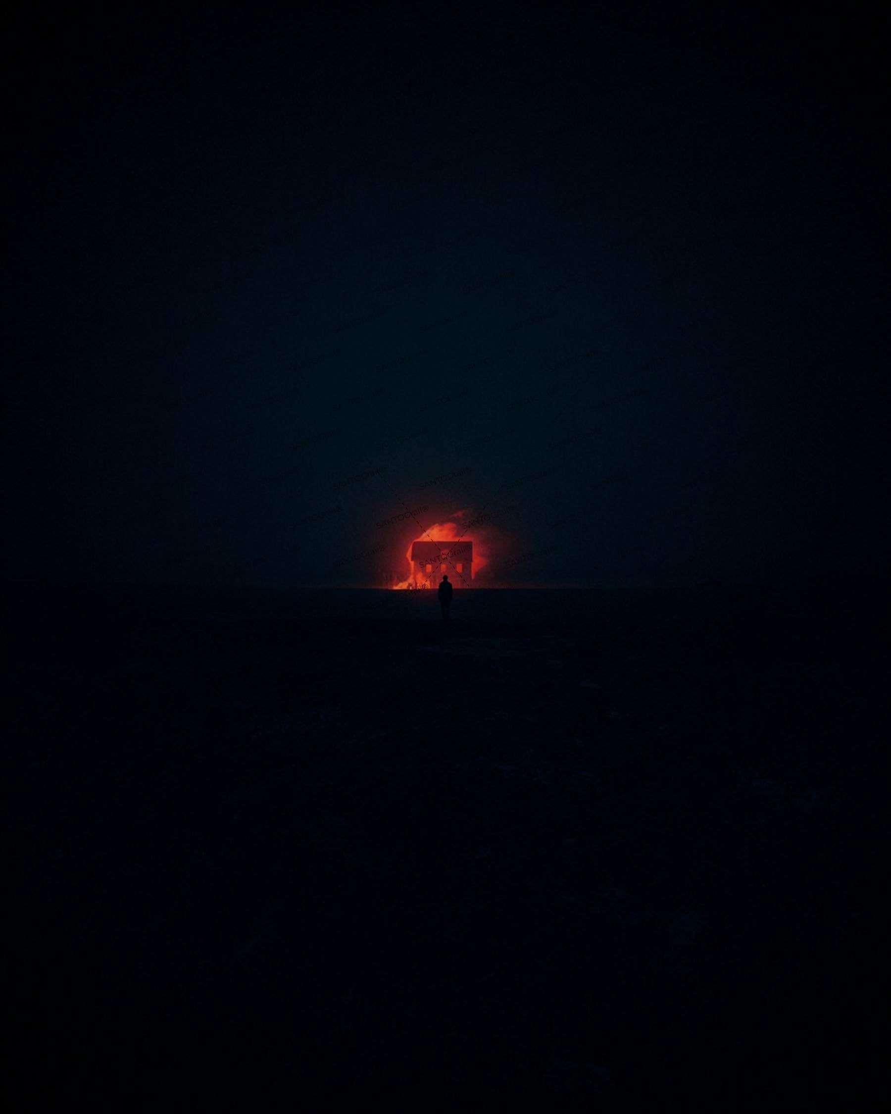 Tiny anonymous figure watching distant house fire at night for suspense book cover. Noir ilustration. Dark novel. Noir novel.