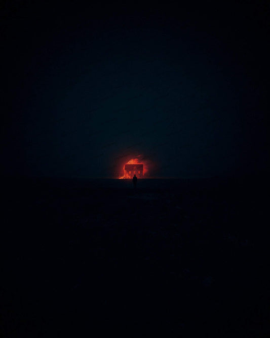 Tiny anonymous figure watching distant house fire at night for suspense book cover. Noir ilustration. Dark novel. Noir novel.