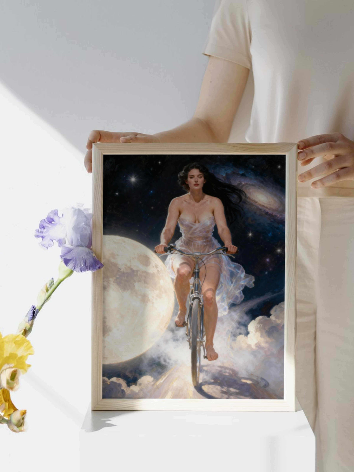 Mujer en bicicleta cruzando el cosmos arte digital neosurrealista