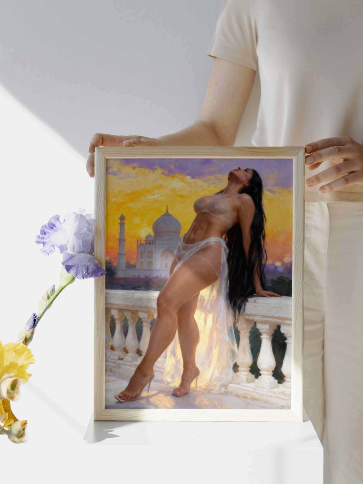 pintura digital neoclásica la contemplación con luz crepuscular y tensión erótica