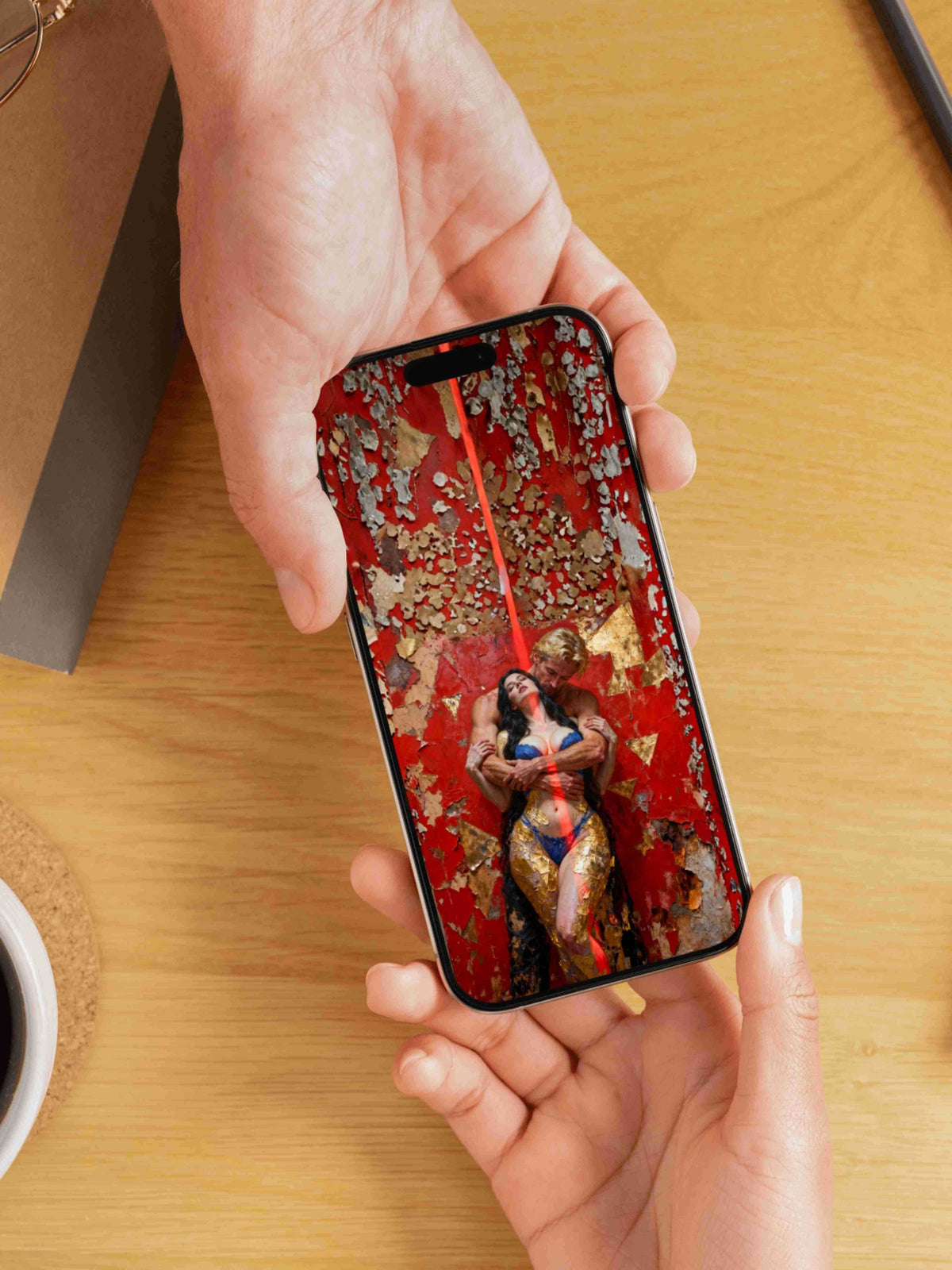 Pintura digital simbólica realismo fusión biológica luz roja pan oro